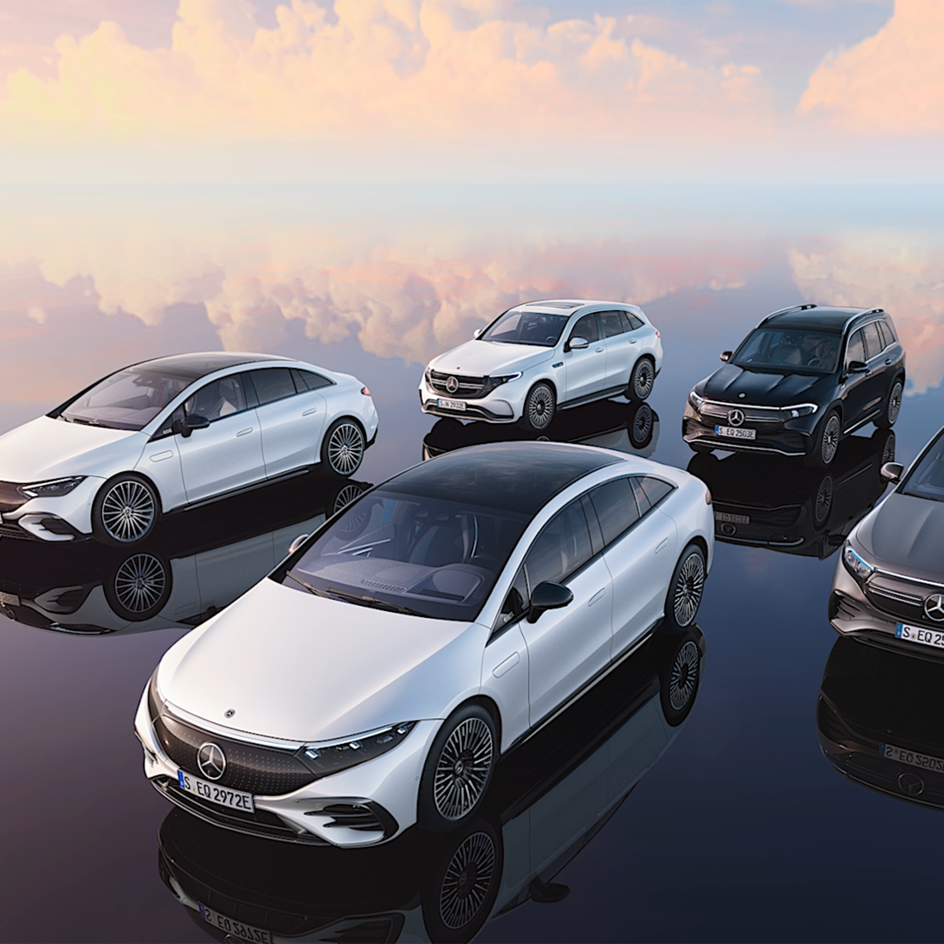 Mercedes-Benz | Veículos elétricos Vista frontal lateral de modelos de veículos elétricos Mercedes-Benz